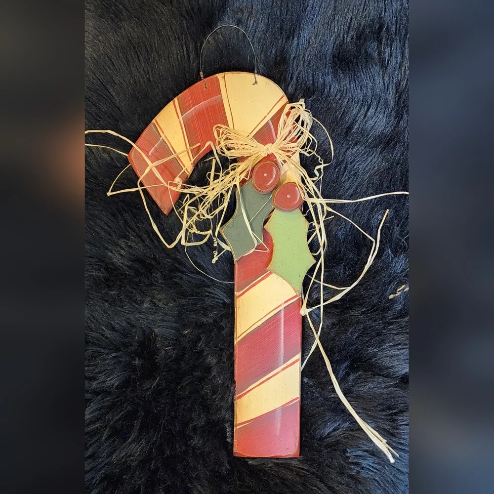 Vintage Rustic Wooden Candy Cane and Holly Door Hanger
